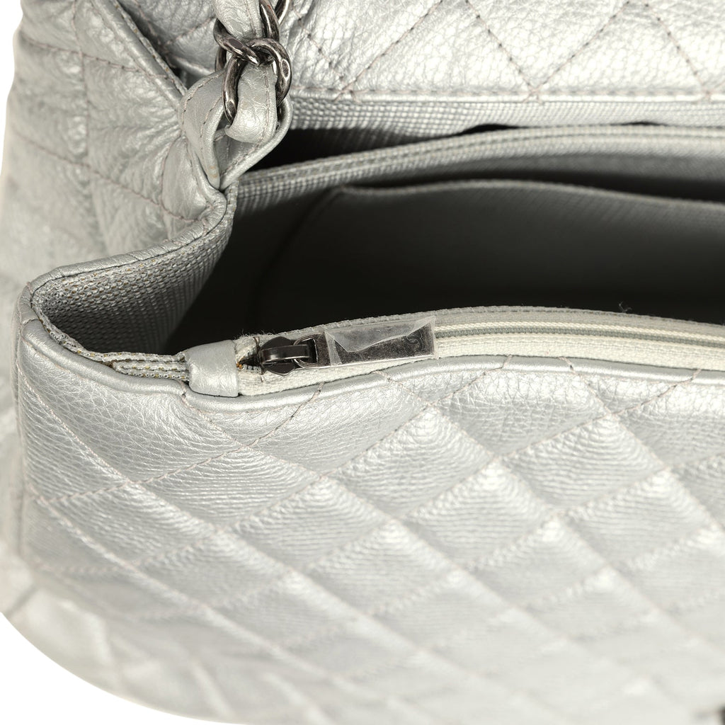 Pre-owned Chanel XXL Classic Single Flap Bag Silver Metallic Calfskin Aged Ruthenium Hardware