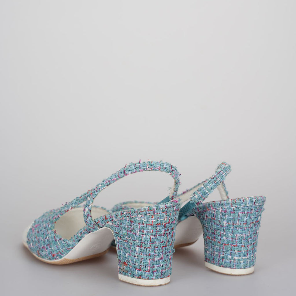 Chanel tweed slingback Tiffany blue pumps 38