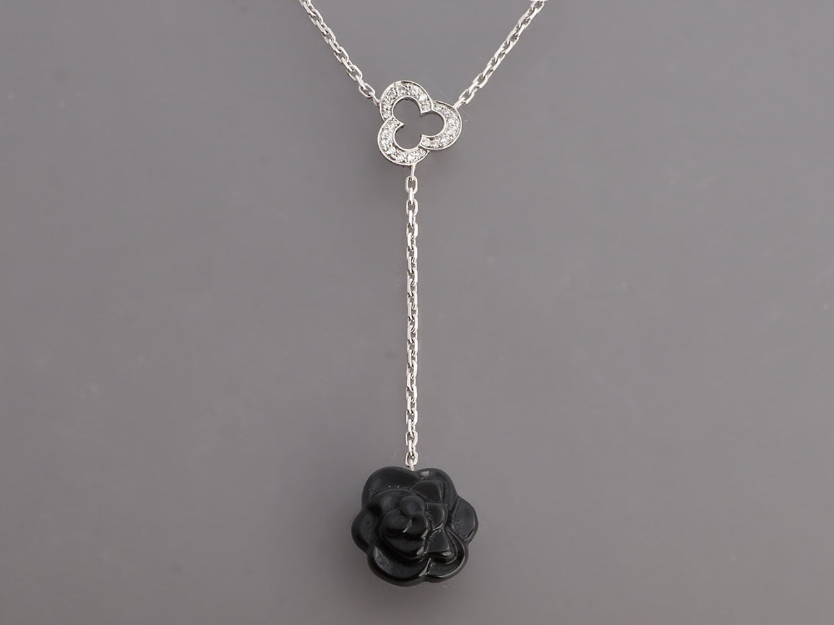 Chanel 18K White Gold Diamond and Black Onyx Camélia Sculpté Drop Necklace