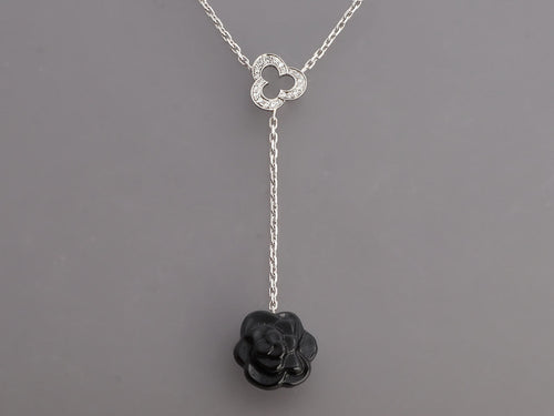 Chanel 18K White Gold Diamond and Black Onyx Camélia Sculpté Drop Necklace