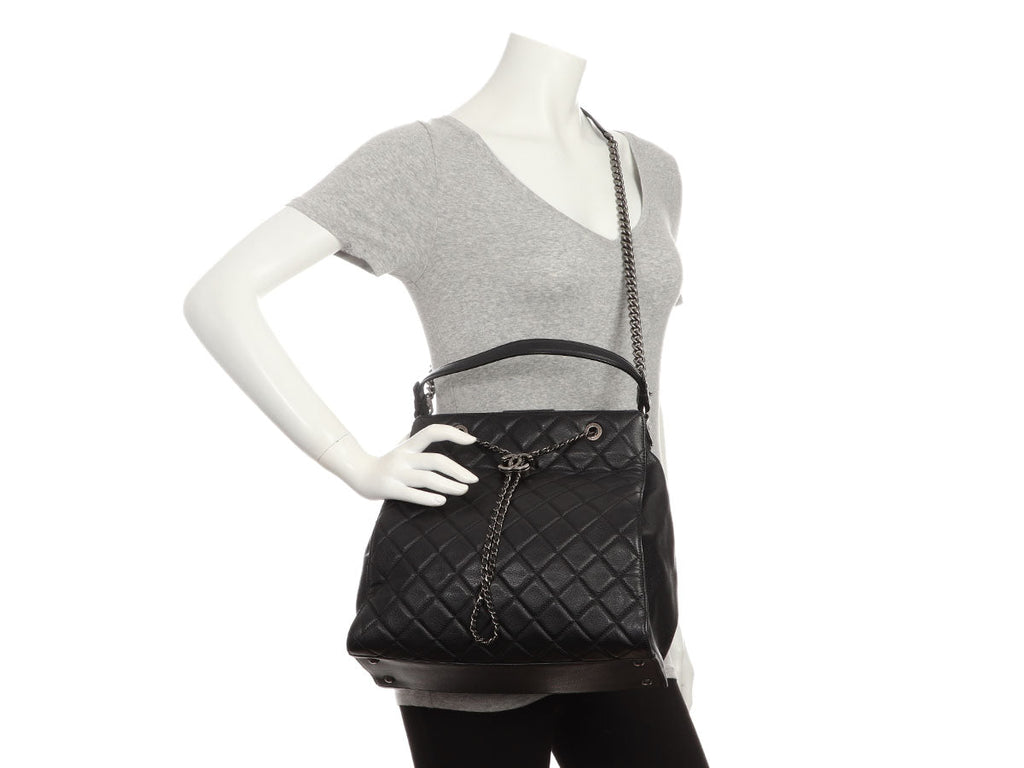 Chanel Large Black Quilted Soft Caviar CC Accordion Bucket Bag