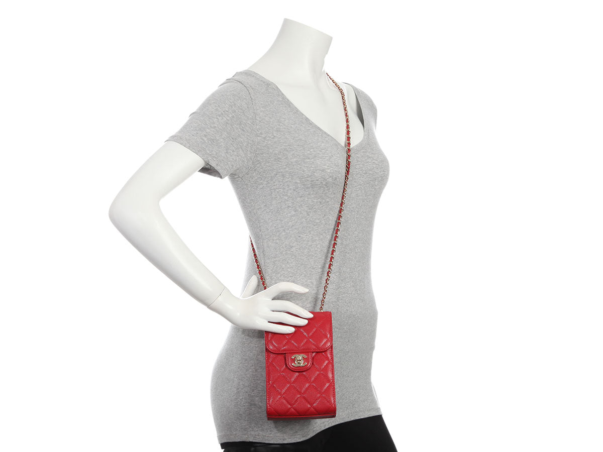 Chanel Red Quilted Caviar Classic Crossbody Phone Holder