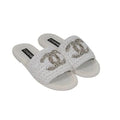 CHANEL CC CRYSTAL LOGO RAFFIA STRASS SANDALS MULES