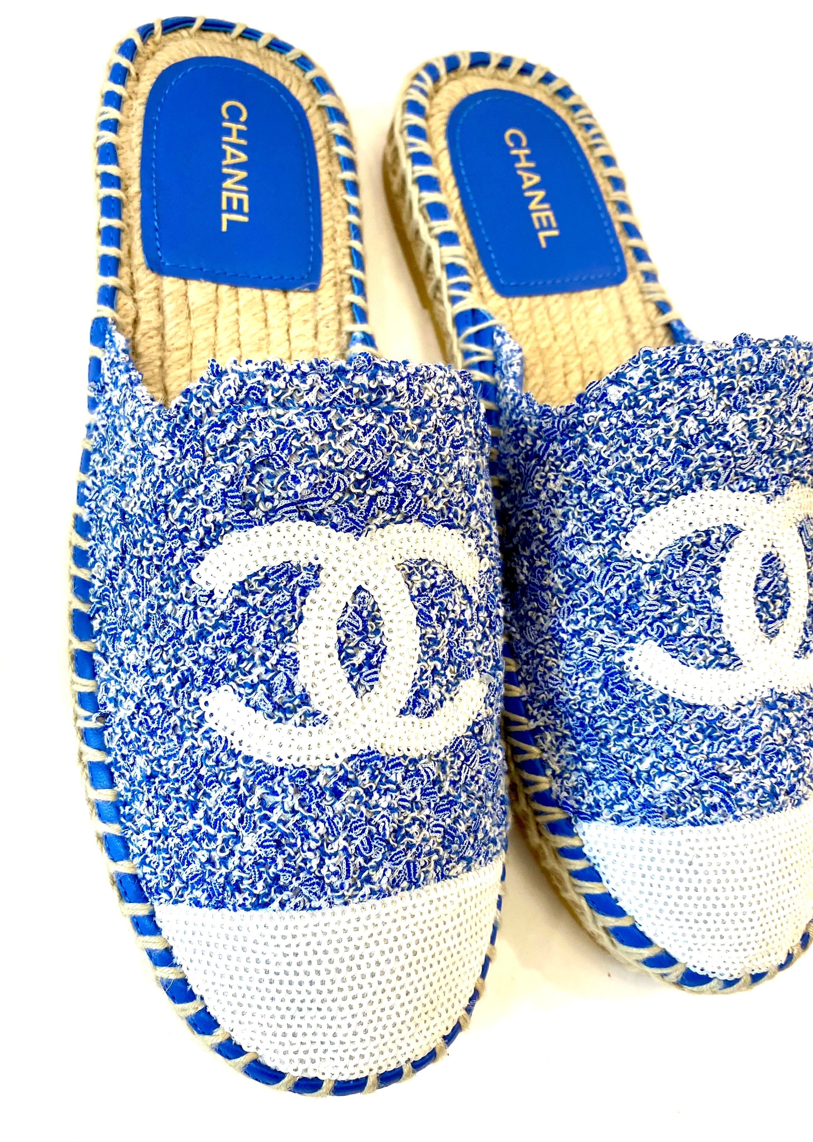 CHANEL TWEED SEQUIN CC LOGO BACKLESS ESPADRILLES