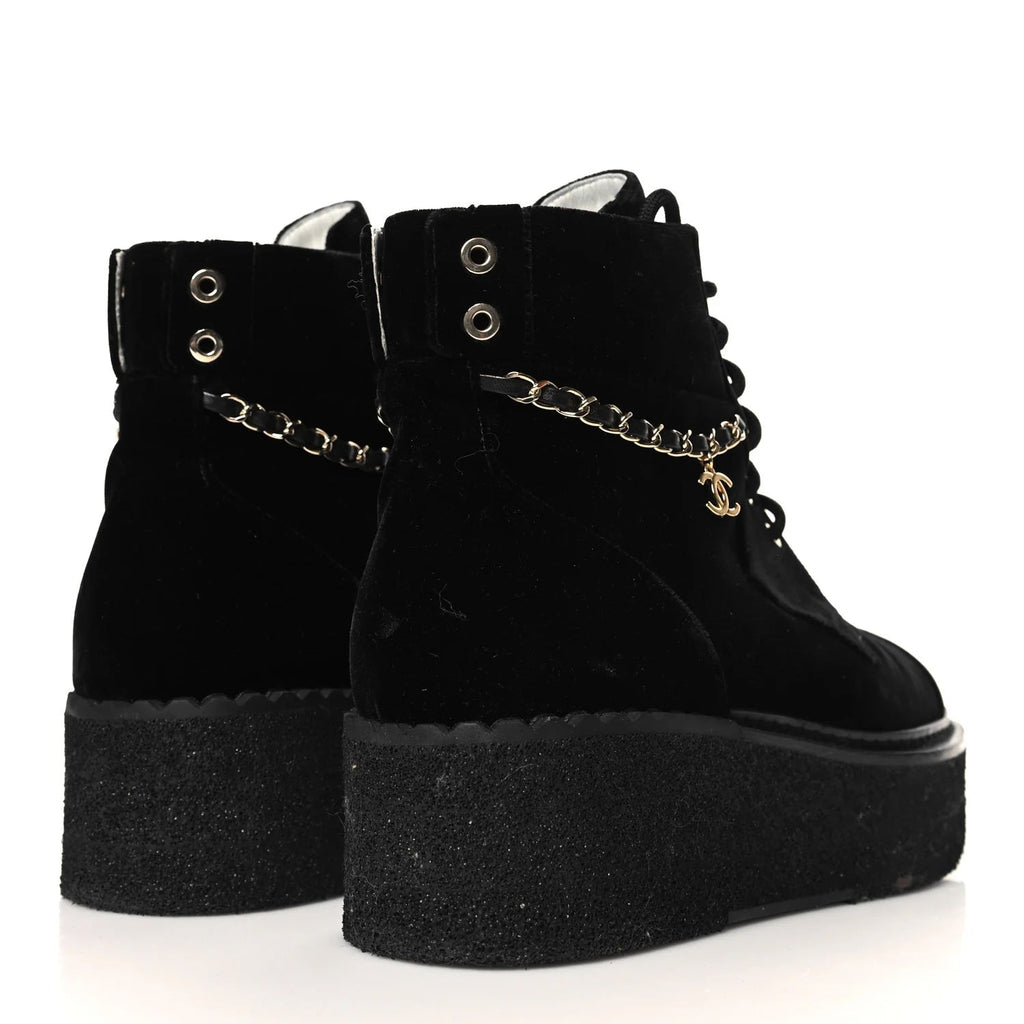 CHANEL CC VELVET LACE-UP CHAIN COMBAT BOOTS
