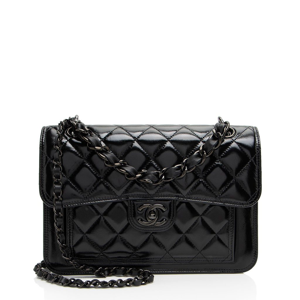 Chanel Shiny Crumpled Calfskin So Black Double You Flap Bag