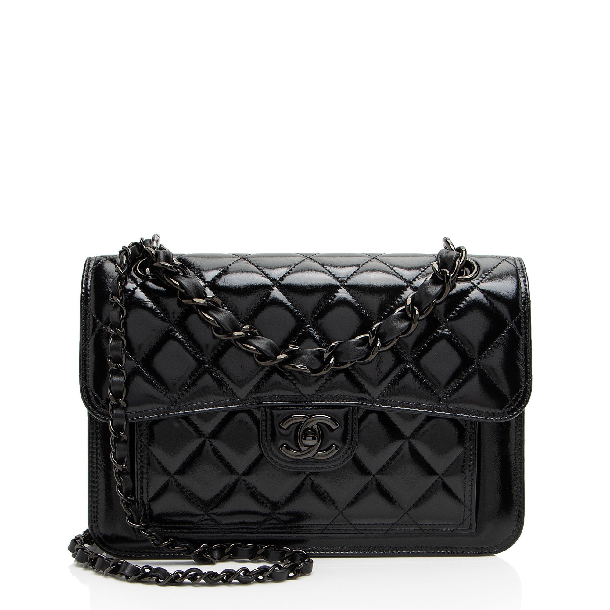 Chanel Shiny Crumpled Calfskin So Black Double You Flap Bag