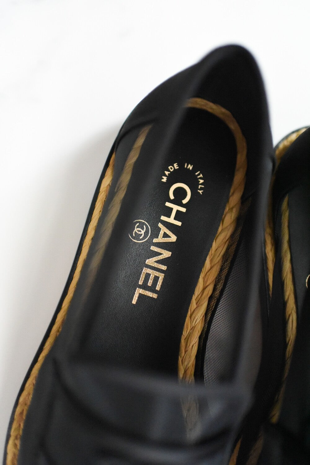 CHANEL MESH & SATIN BEADED CC SLIP-ON LOAFERS