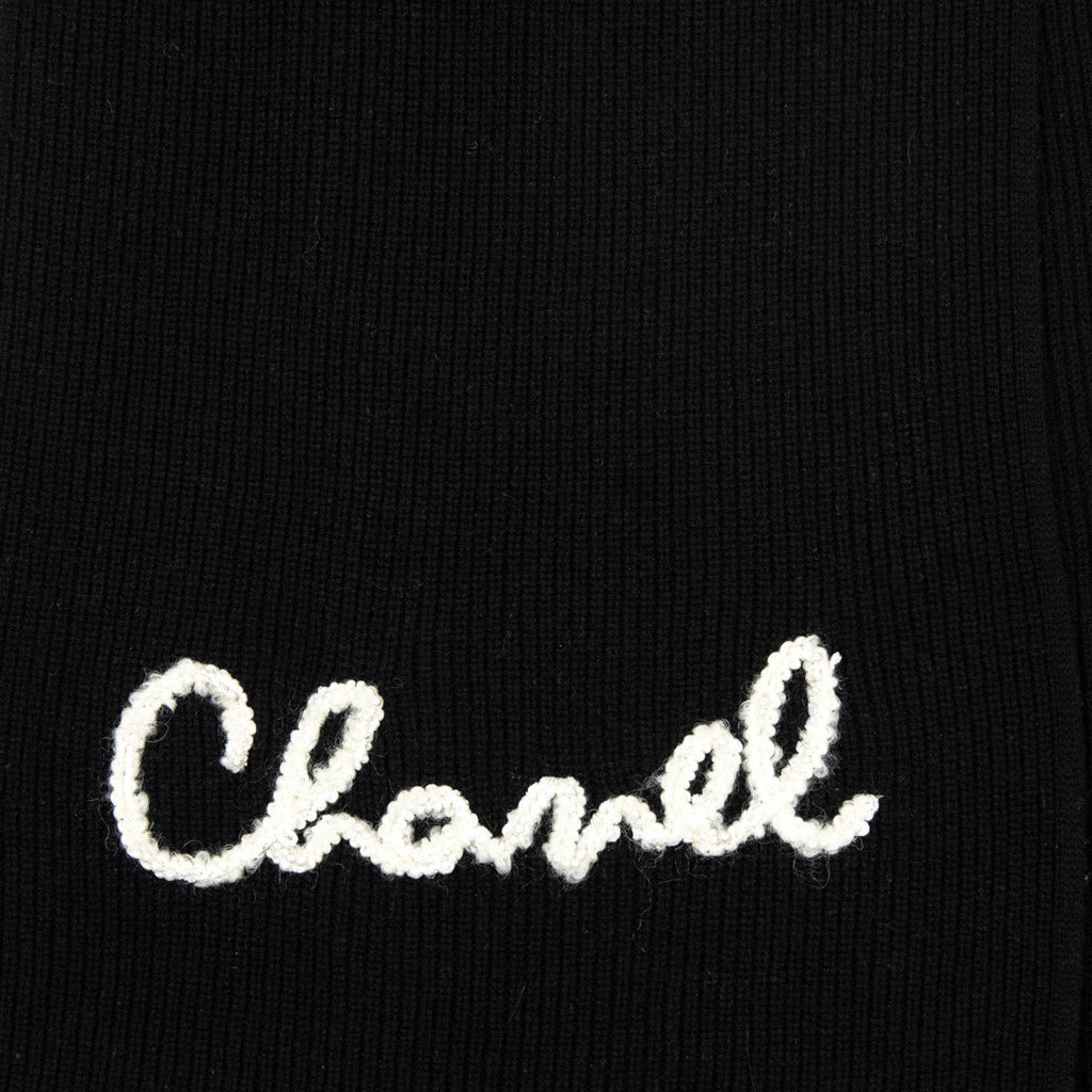 Chanel Black Cashmere Knit Pearl Embellished Logo Scarf