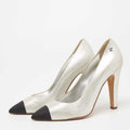 CHANEL METALLIC SILVER CC CAP TOE PUMPS