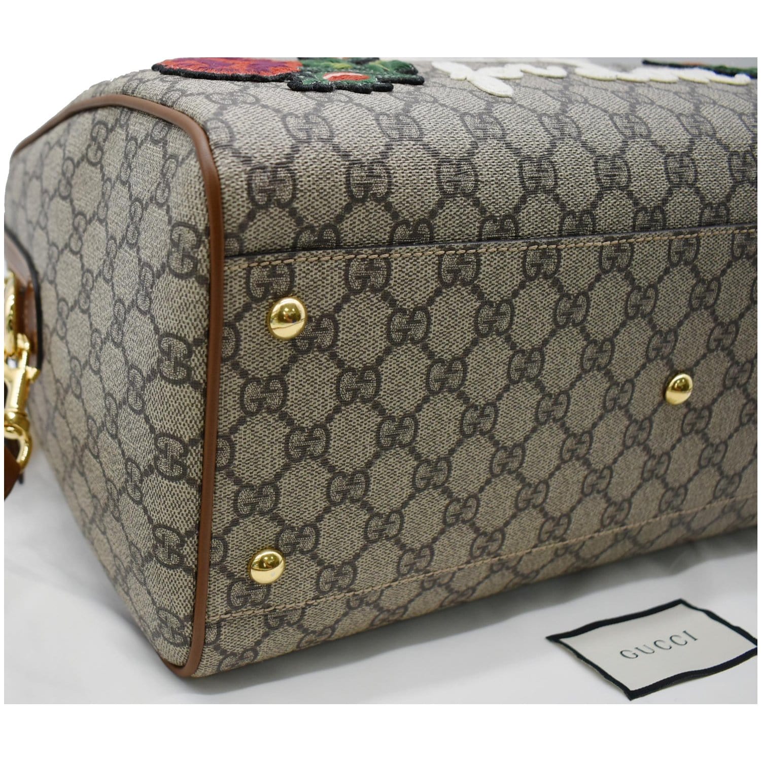 GUCCI Blind for Love Embroidered GG Supreme Canvas Boston Bag Maple Brown 409527