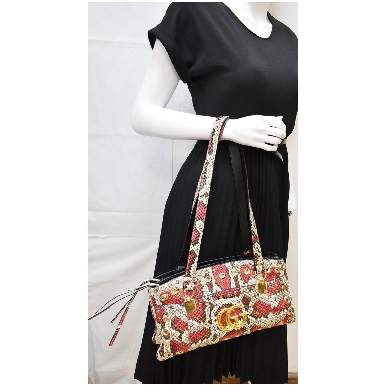 GUCCI Large Arli Snakeskin Leather Top Handle Shoulder Bag Multicolor 550130