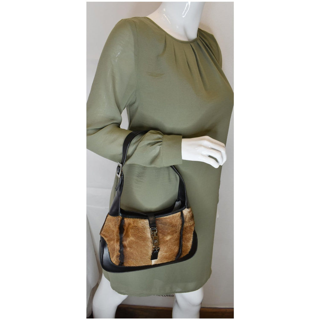 GUCCI Jackie O Pony Hair Leather Hobo Shoulder Bag Brown