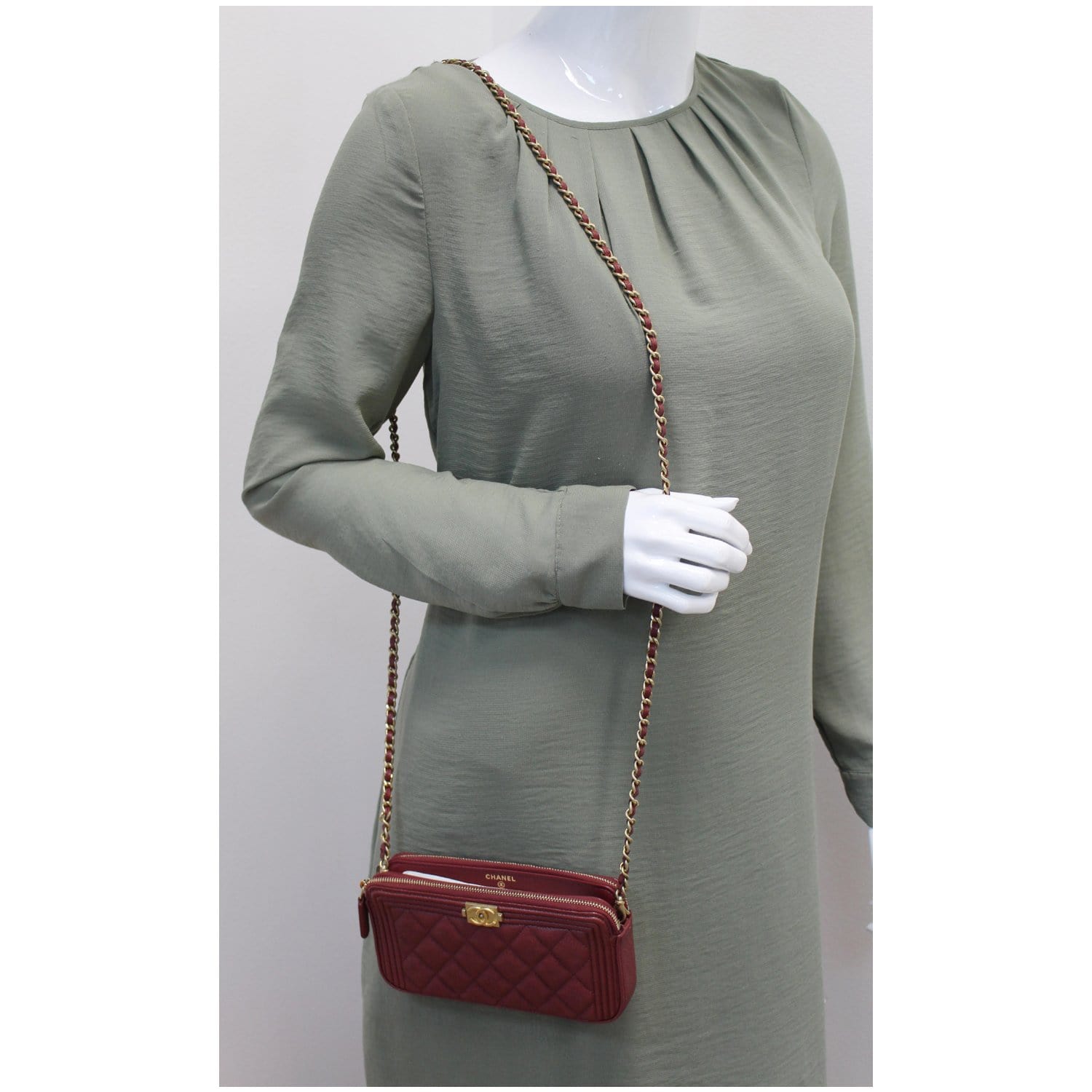 CHANEL Small Boy Caviar Quilted Clutch With Chain Shoulder Bag Red
