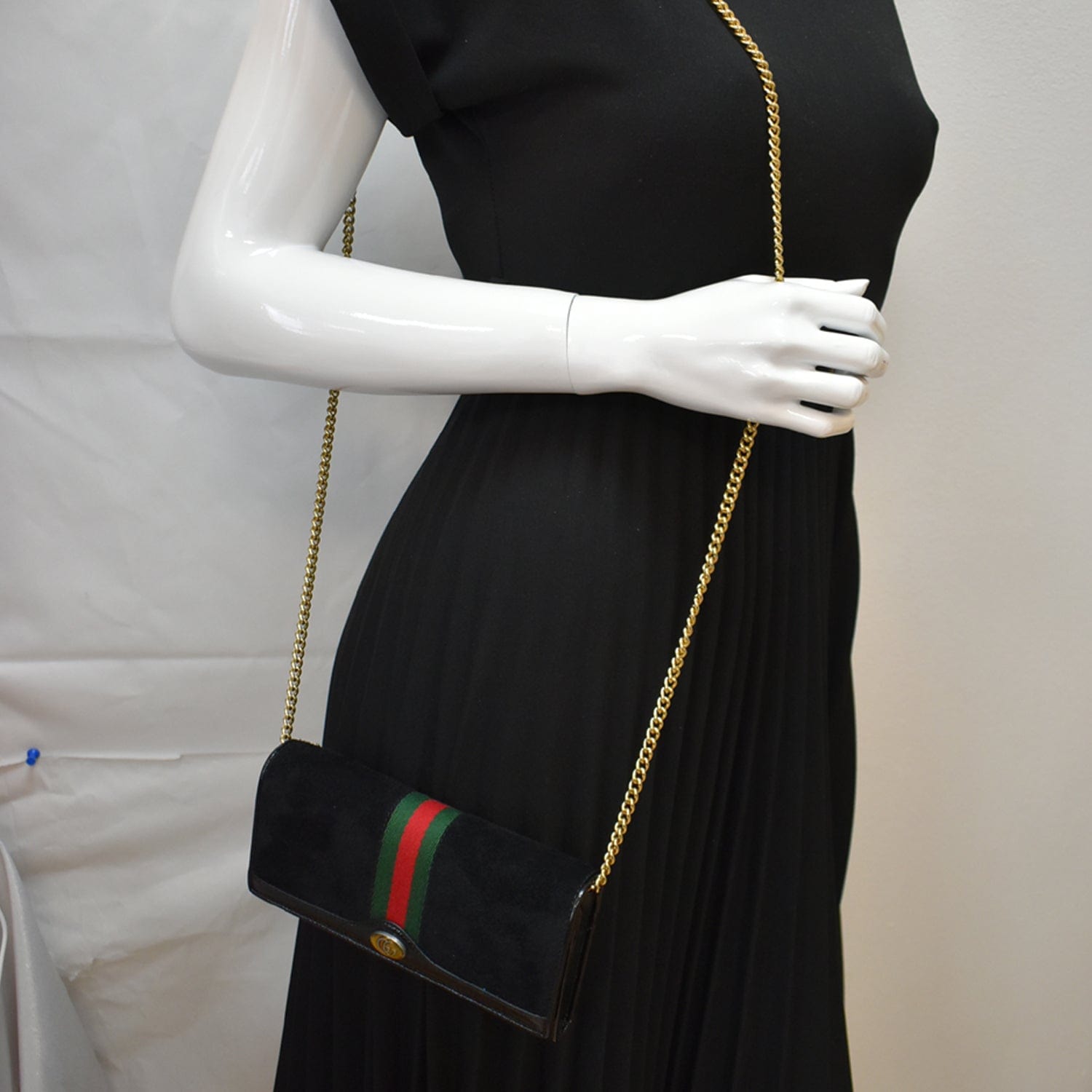 GUCCI Ophidia Suede Patent Web Leather Wallet On Chain Crossbody Bag Black 546592