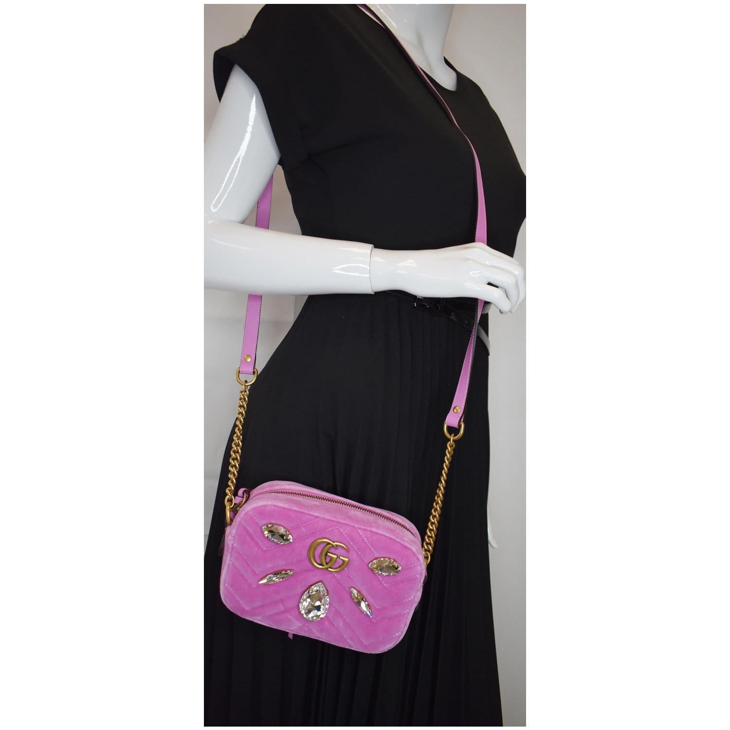 GUCCI GG Marmont Mini Marquise Crystal Velvet Crossbody Bag Pink 448065