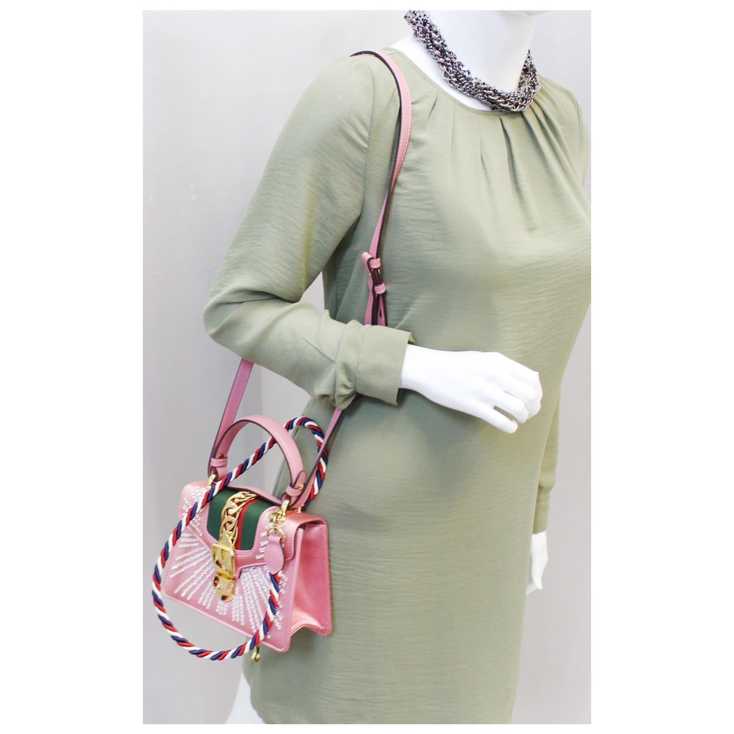 GUCCI Mini Sylvie Satin Crystal Shoulder Bag Peony