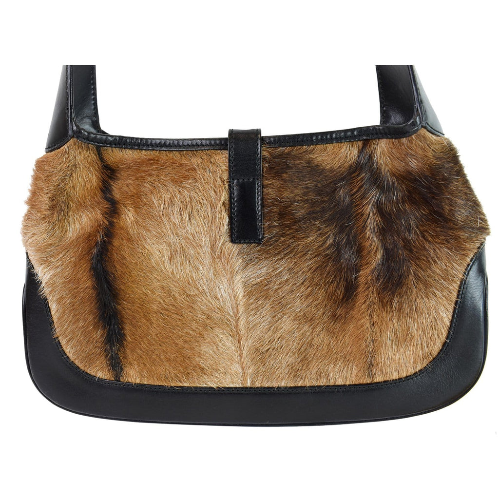 GUCCI Jackie O Pony Hair Leather Hobo Shoulder Bag Brown