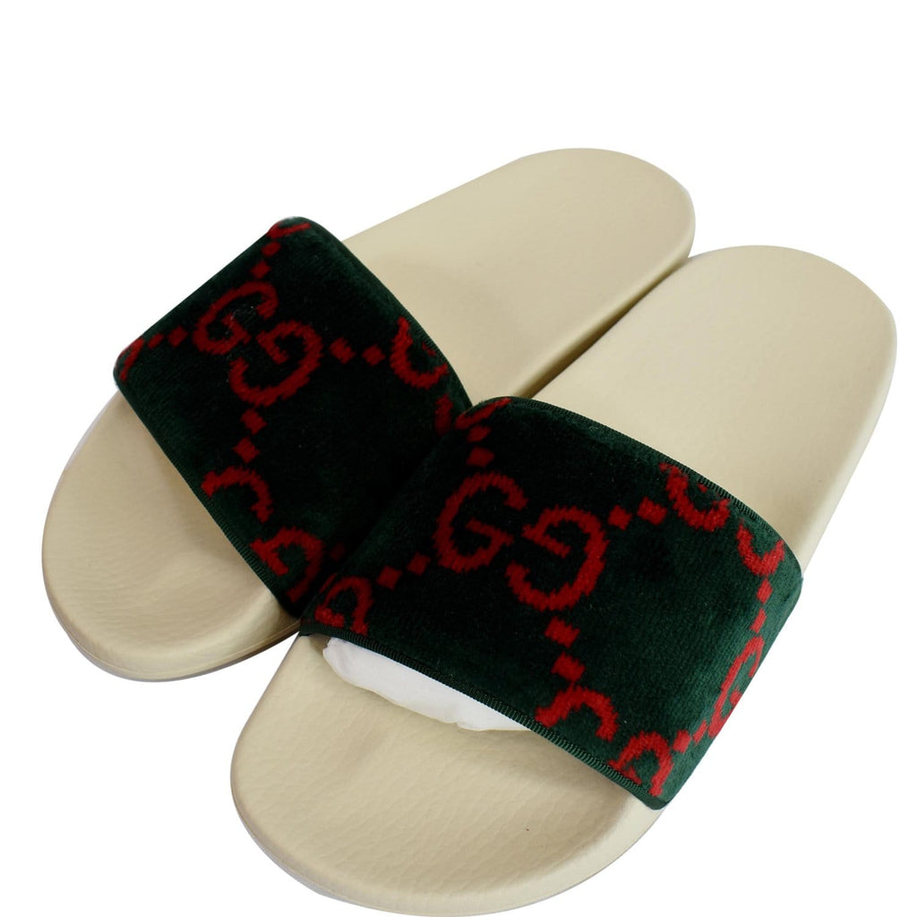 GUCCI Logo Velvet Monogram Slide Sandal 577676 Size 37 Green - Last Call