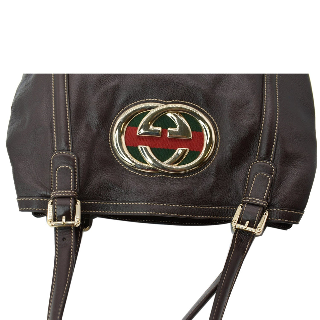 GUCCI Britt Leather Tote Bag Dark Brown 162094