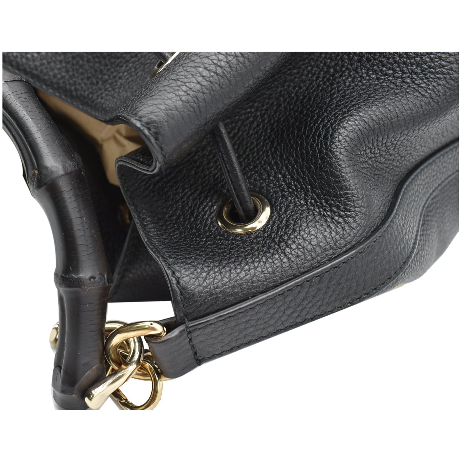 GUCCI Miss Bamboo Medium Leather Bucket Shoulder Handbag Black 387613