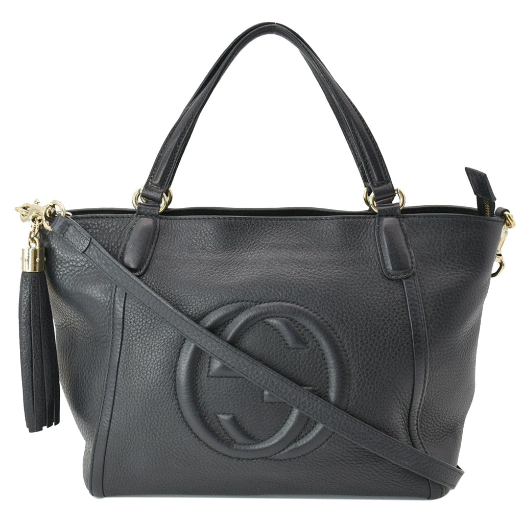 GUCCI Soho Tassel Pebbled Leather Top Handle Crossbody Bag Black 369176