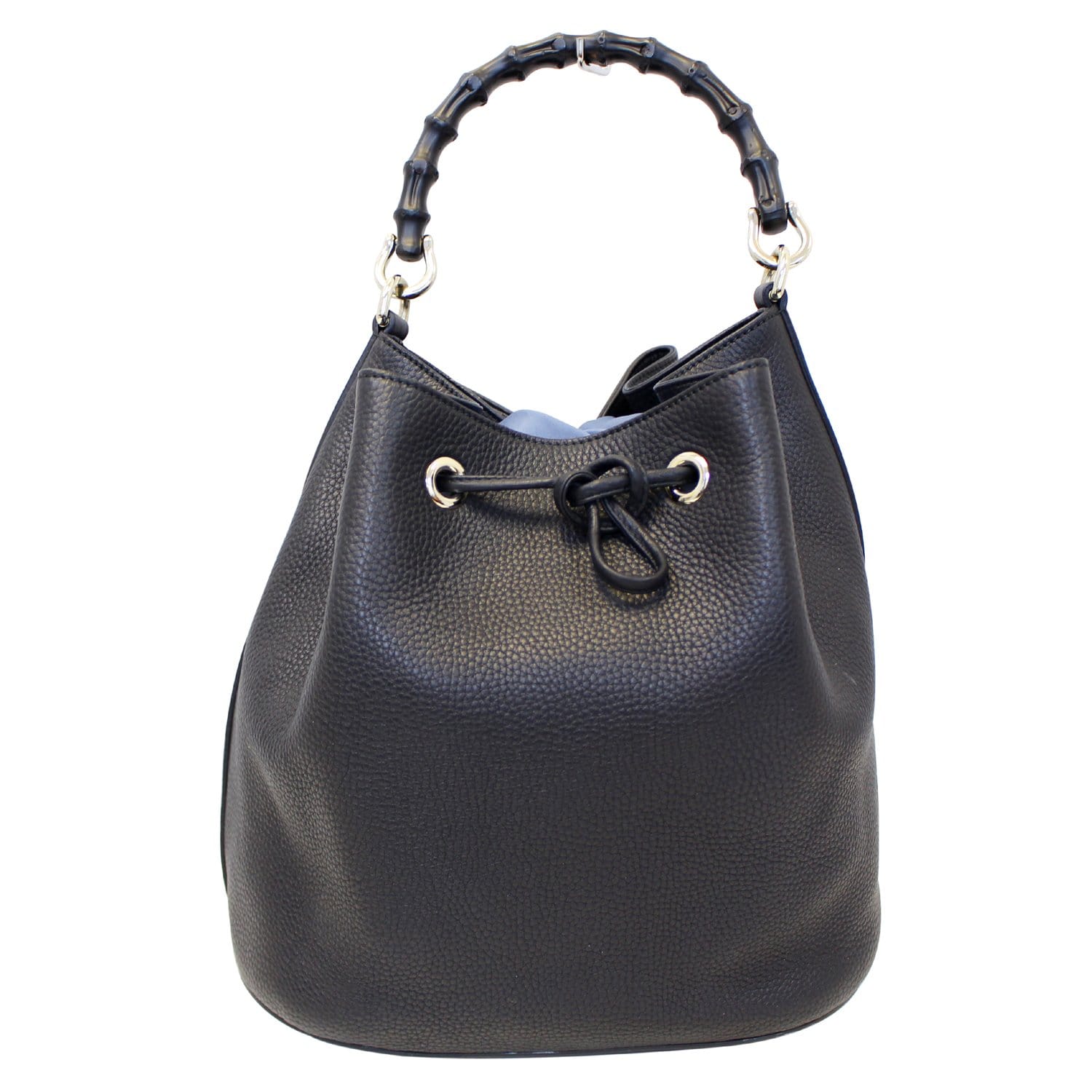 GUCCI Miss Bamboo Medium Leather Bucket Shoulder Handbag Black 387613