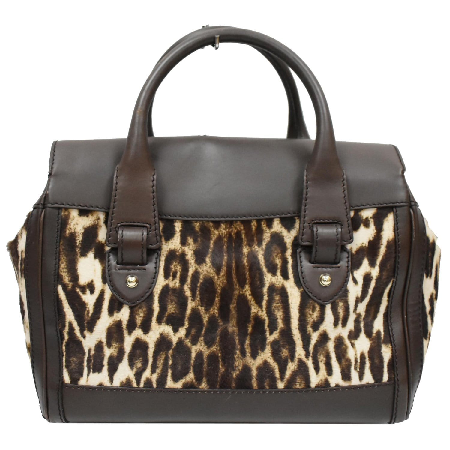 GUCCI Heritage Medium Pony Hair Leopard Print Leather Boston Bag Brown