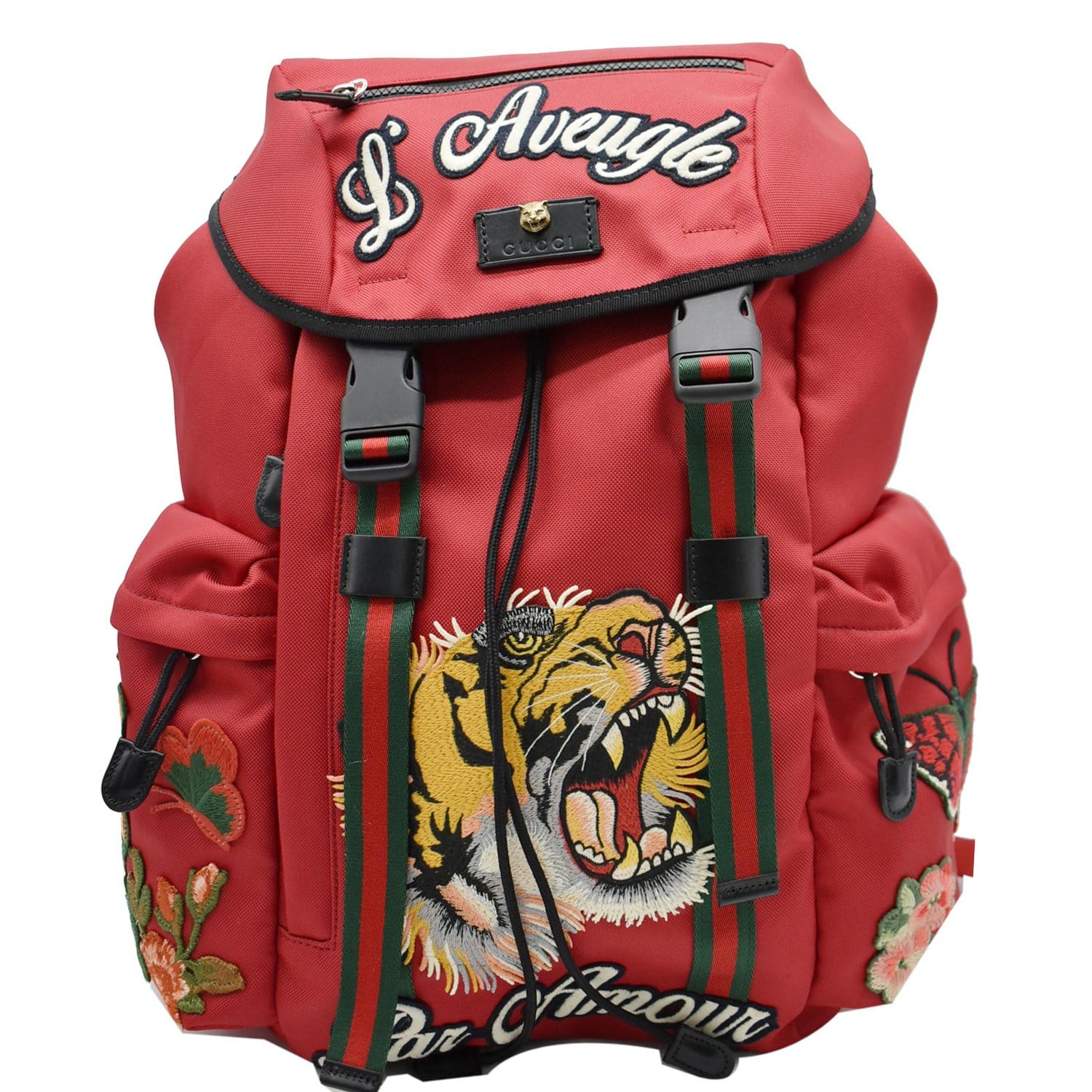 GUCCI L'Aveugle Par Amour Embroidered Nylon Double Buckle Backpack Red 429037
