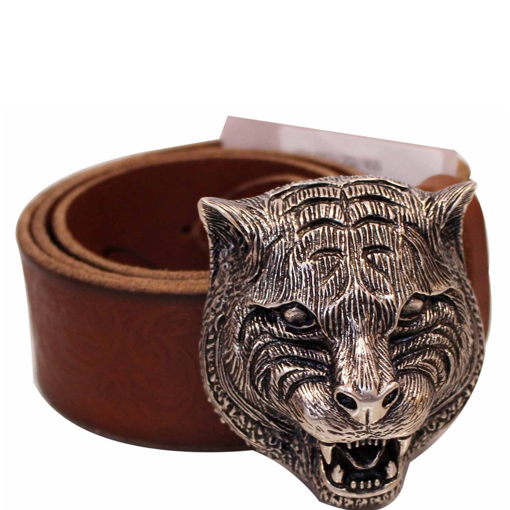 GUCCI Feline Buckle Calfskin Leather Belt Brown Size 75.30 - Last Call