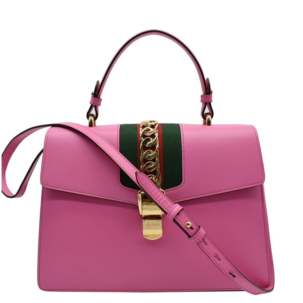 GUCCI Sylvie Medium Web Smooth Leather Top Handle Shoulder Bag Pink 431665