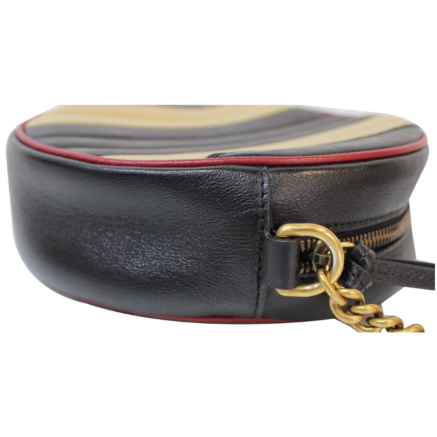 GUCCI Stripe GG Marmont Mini Round Leather Crossbody Bag Black/Beige 550154