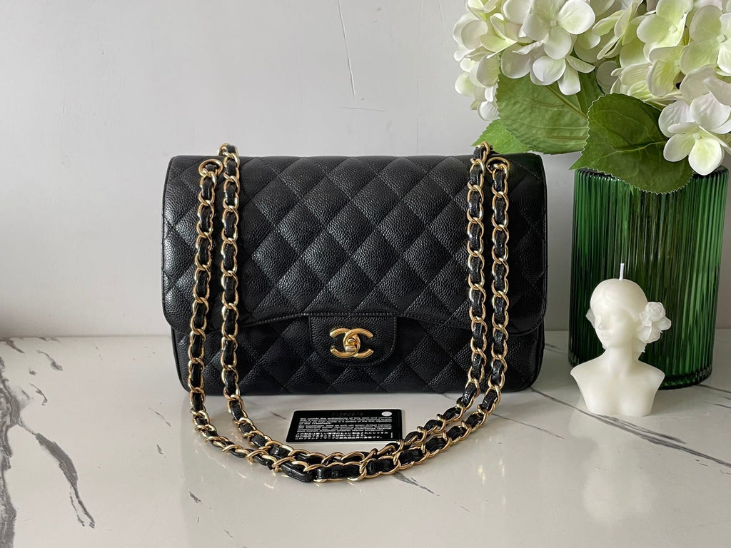 Chanel Black Jumbo Classic Double Flap Bag Caviar Leather with Gold Hardware