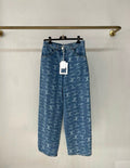 Chanel 23B Runway Light Blue Denim White CC Print Logo Baggy Oversized Jeans size 38