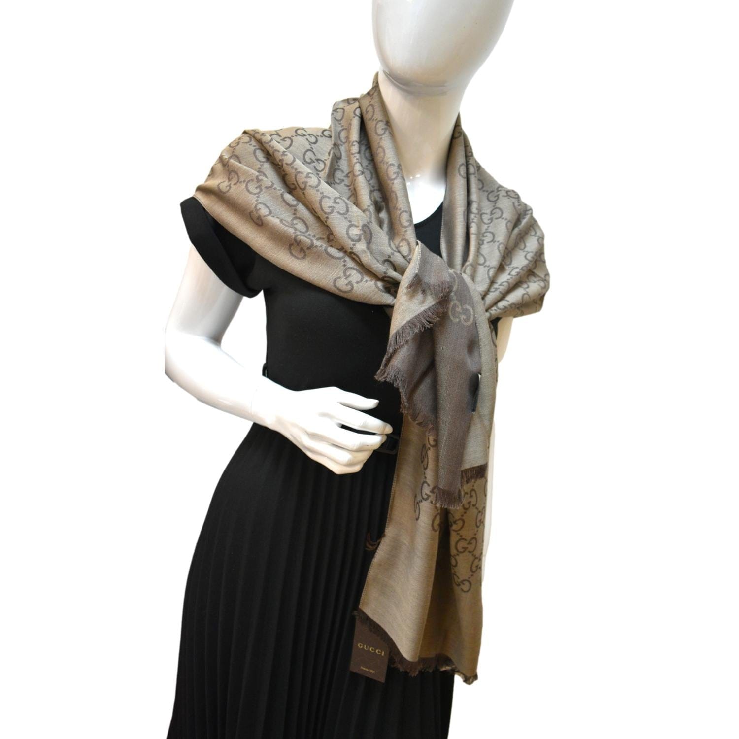 Gucci GG Wool Silk Scarf Tan
