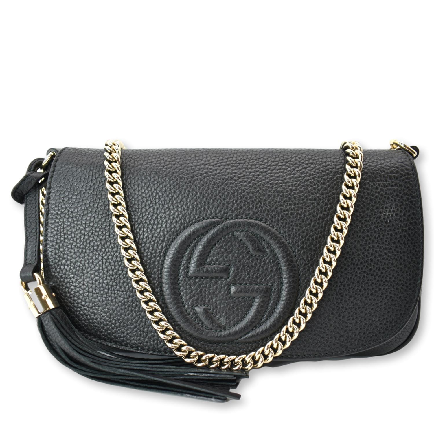 GUCCI GG Soho Tassel Chain Leather Crossbody Bag Beige Black