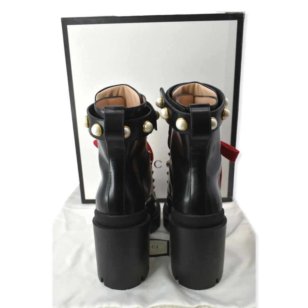GUCCI Calfskin Pearl Lace Up Combat Ankle Boots Black 497372 Size 36.5