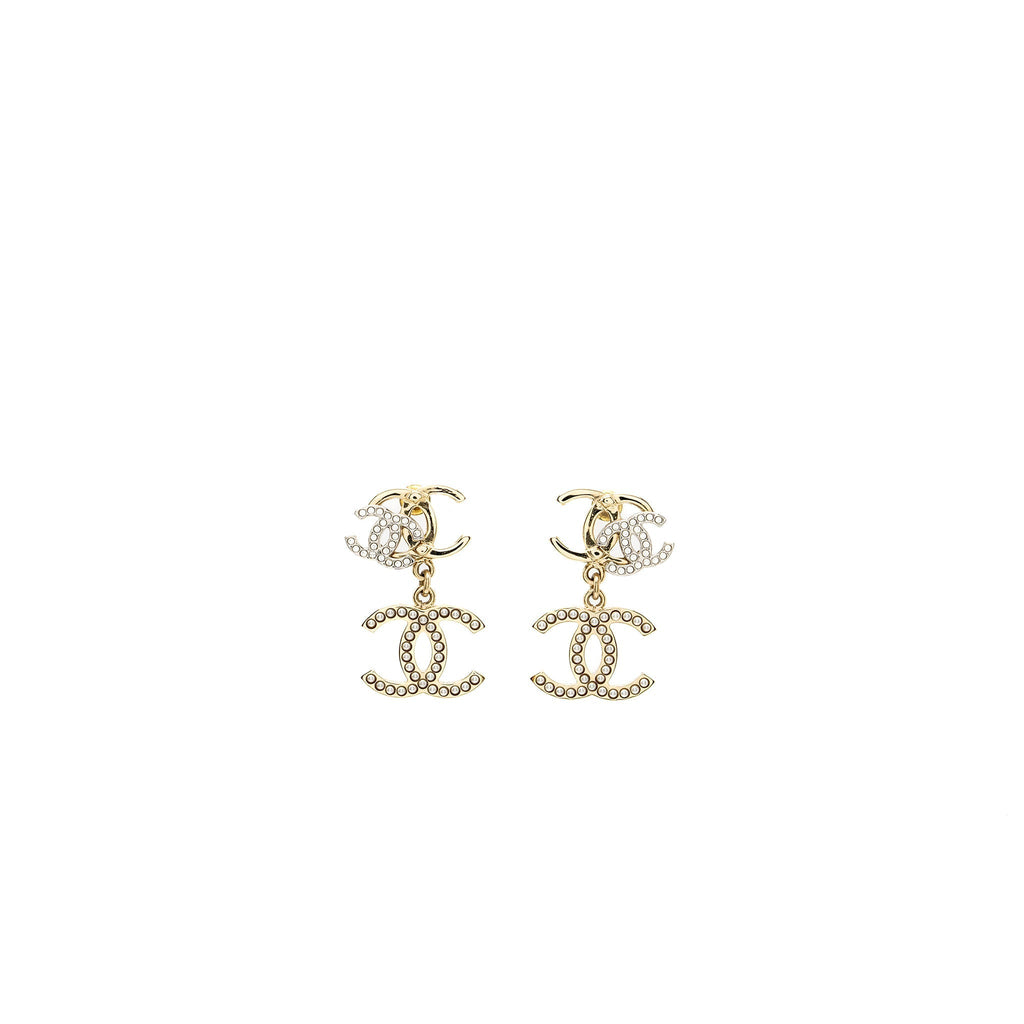 Chanel Triple CC logo drop earrings light gold tone