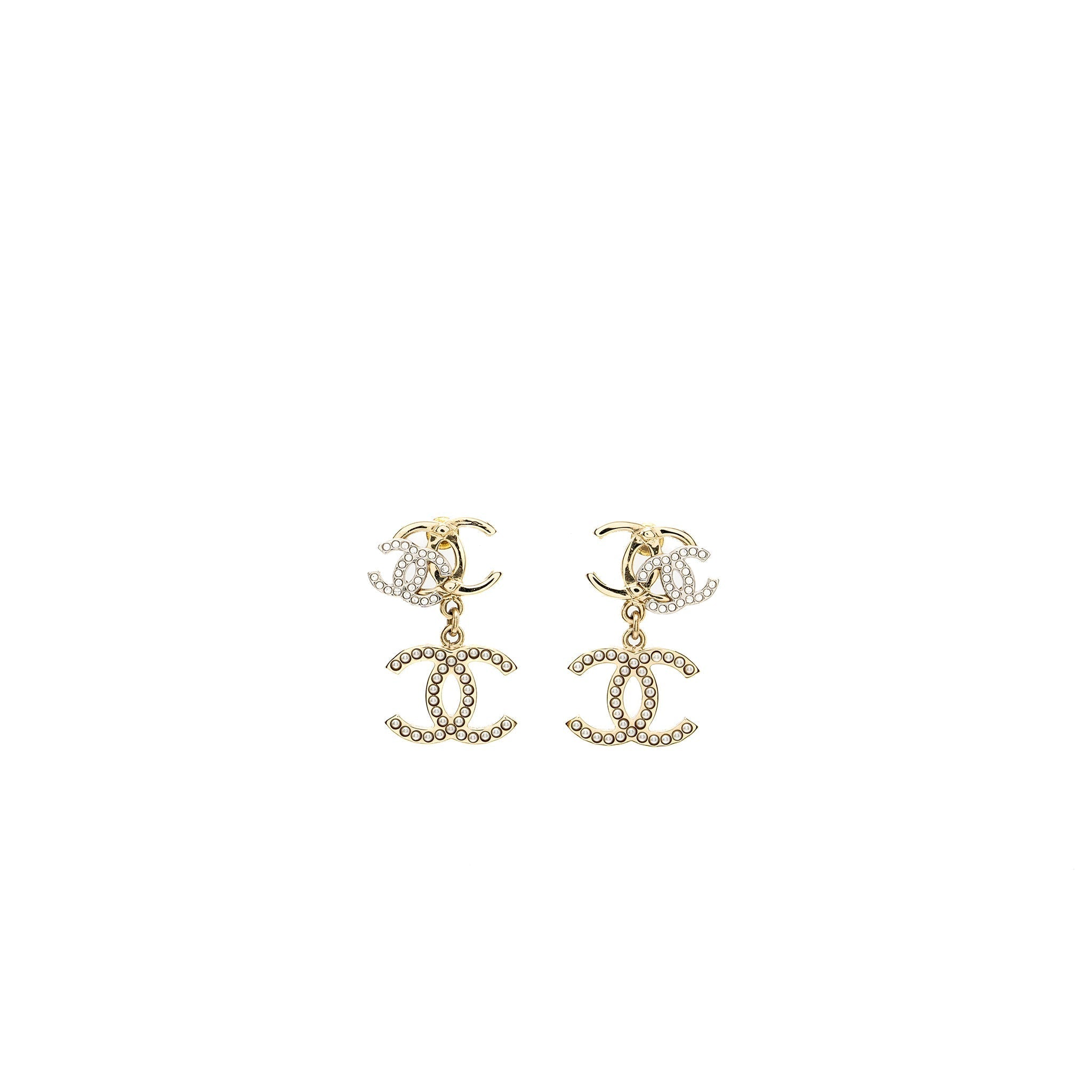 Chanel Triple CC logo drop earrings light gold tone