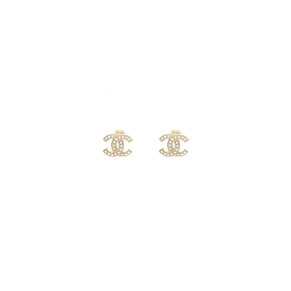 Chanel Classic CC Logo earrings Crystal Light Gold Tone
