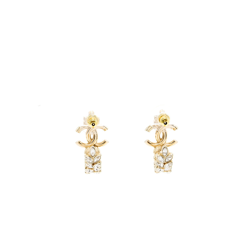 Chanel CC Logo Small Hoop Earrings With Crystal Light Gold Tone