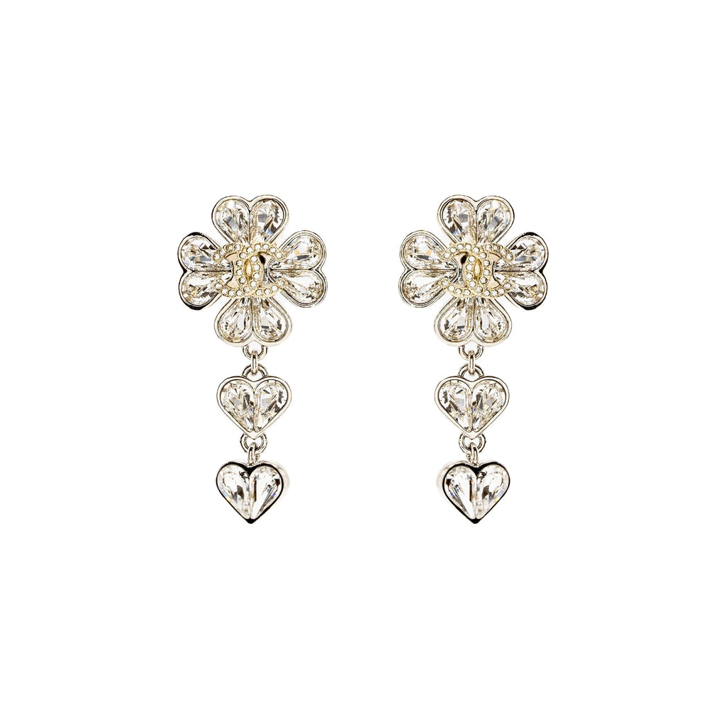 Chanel CC Clover Heart Drop Earrings Crystal Silver Tone