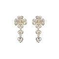 Chanel CC Clover Heart Drop Earrings Crystal Silver Tone