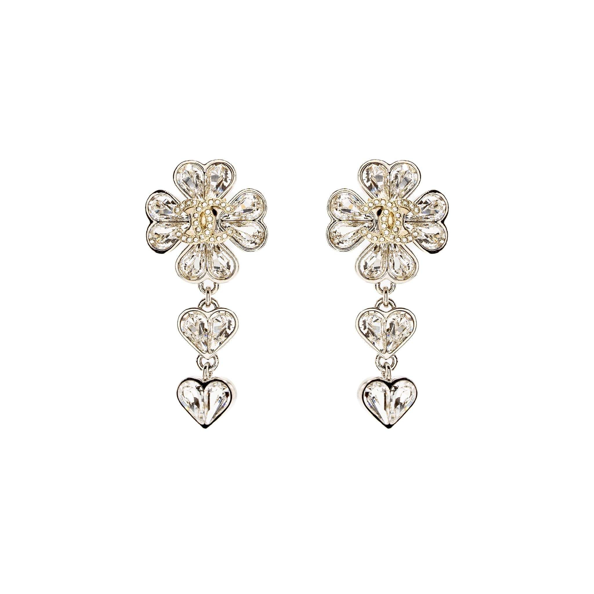 Chanel CC Clover Heart Drop Earrings Crystal Silver Tone