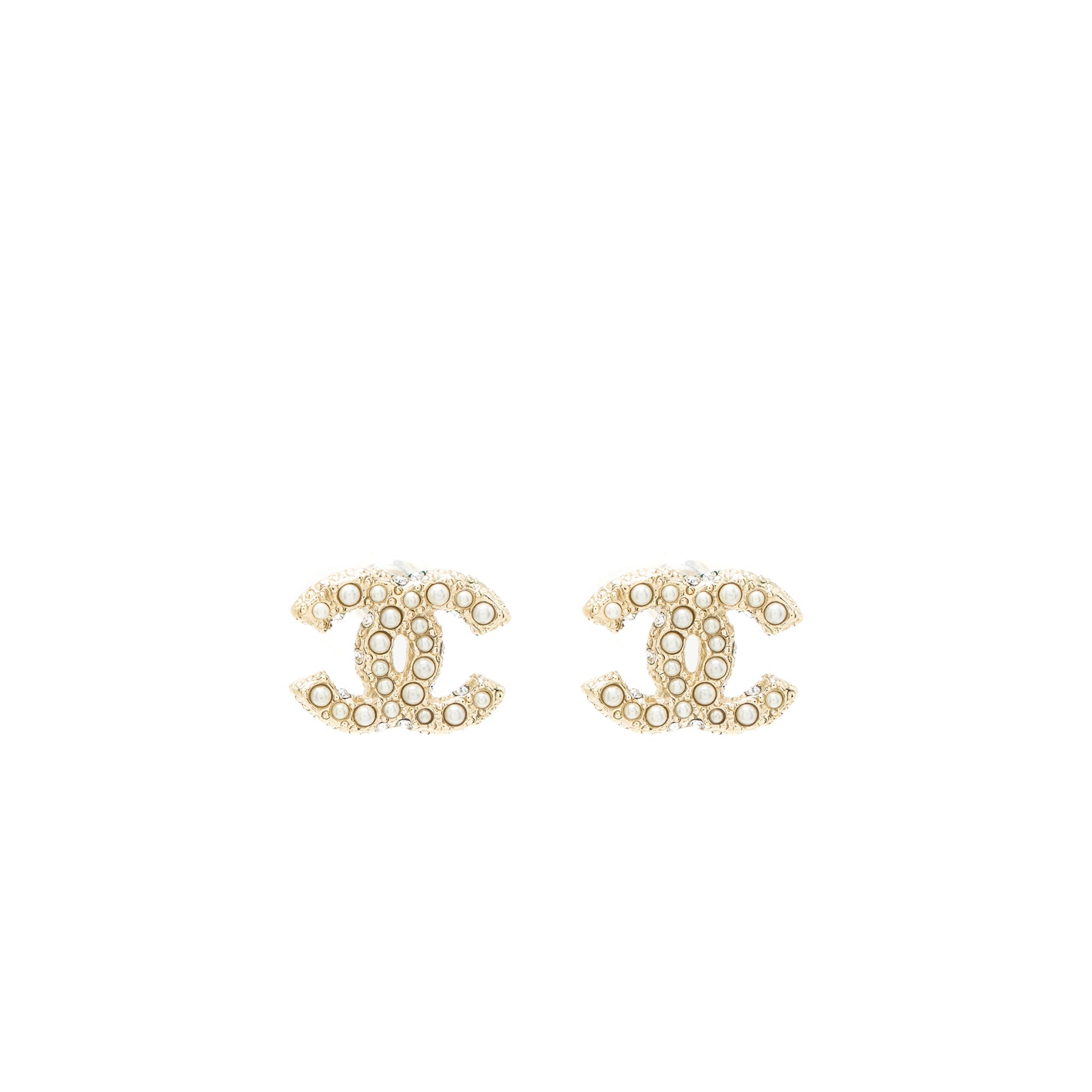 Chanel Classic Mini CC Logo Earrings Pearl/Crystal Light Gold Tone