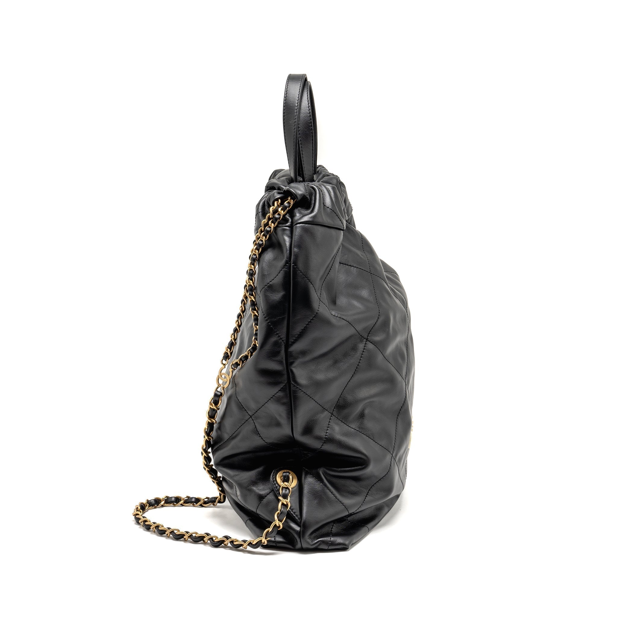Chanel 22 Backpack White Letter Logo Shiny Calfskin Black  (Microchip)
