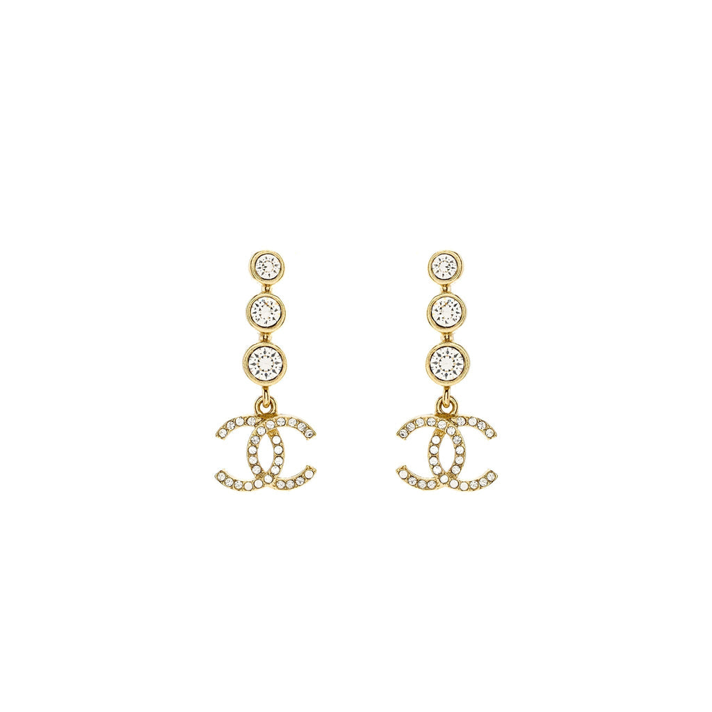 Chanel CC Logo Dropped Earrings Crystal Light Gold Tone