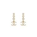 Chanel CC Logo Dropped Earrings Crystal Light Gold Tone