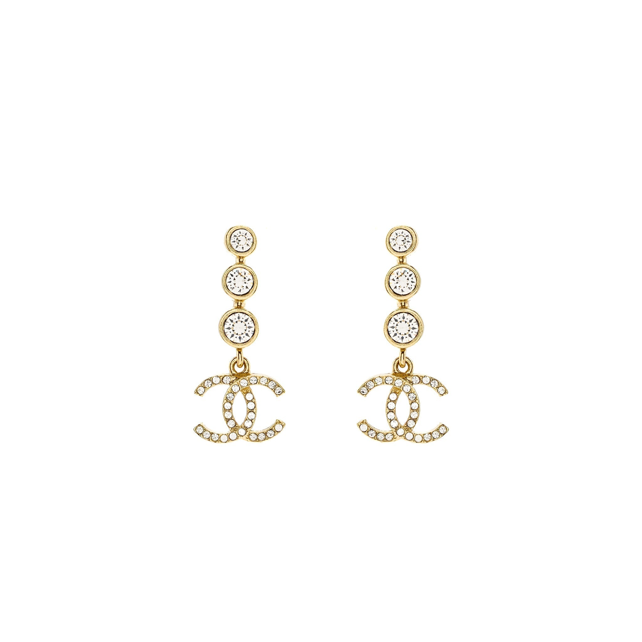 Chanel CC Logo Dropped Earrings Crystal Light Gold Tone