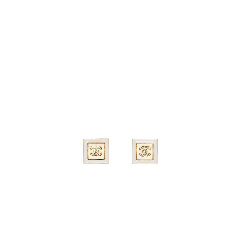 Chanel Square and CC logo earrings white gold tone